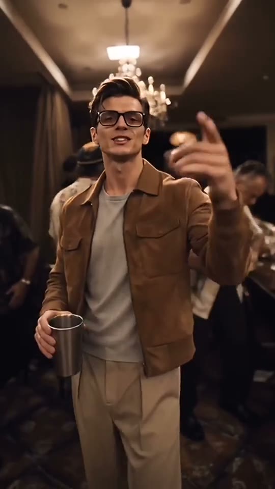 A guy in a suede jacket and glasses points into the crowd and lifts his cup.