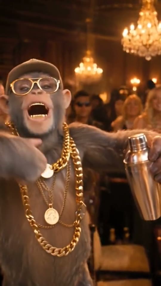 A chimp in a flat cap, round glasses and gold chains runs the party with a silver shaker.
