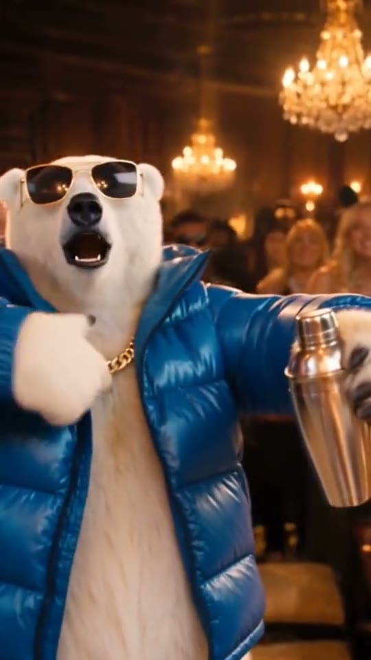 A polar bear in a blue puffer jacket and shades raises the shaker and waves.
